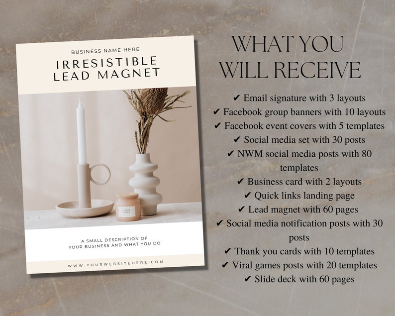 K&ouml;nnte beinhalten: Ein beiger und wei&szlig;er Lead-Magnet mit einer Kerze und einer Vase mit getrockneten Blumen. Der Text "IRRESISTIBLE LEAD MAGNET" befindet sich oben im Bild. Der Text "WHAT YOU WILL RECEIVE" befindet sich auf der rechten Seite des Bildes mit einer Liste der im Lead-Magneten enthaltenen digitalen Produkte.