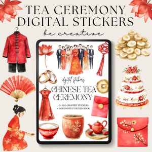 Adesivi digitali per la cerimonia del tè cinese, libro di adesivi digitali, adesivi Goodnotes, adesivi asiatici, pianificatore Goodnotes, album per iPad Cina