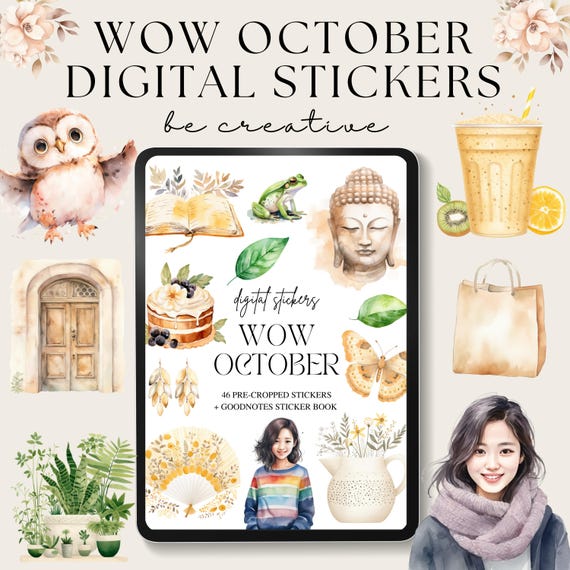 Wow October Digital Stickers, Goodnotes Stickers, Online Planner PNG, Seasonal Sticker, Pre-Cropped Sticker, Monthly Scrapbooking Decoration