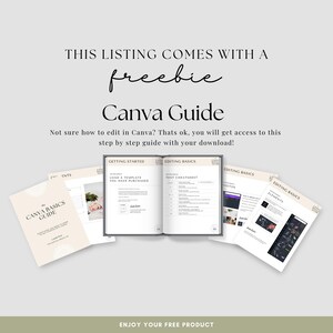 May include: An open Canva Guide book with several accompanying guides. The text reads "THIS LISTING COMES WITH A freebie Canva Guide". The guides are beige and white with black text. The image is on a light gray background.