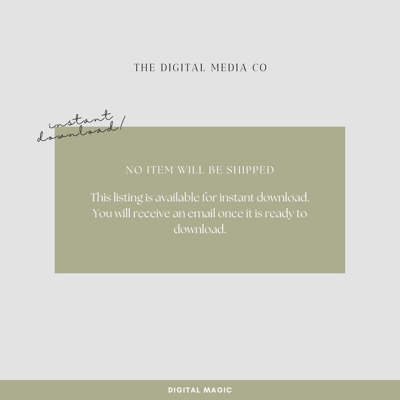 May include: A digital product listing with text that reads "instant download!" and "NO ITEM WILL BE SHIPPED." The listing is available for instant download, and the buyer will receive an email when ready. The Digital Media Co. is the seller.