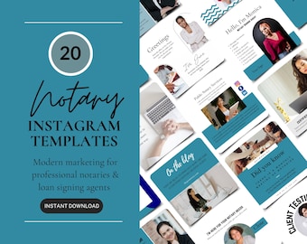 Op de afbeelding: Een set van 20 moderne Instagram-sjablonen voor professionele notarissen en hypotheekondertekenaars. De sjablonen hebben een blauw en wit kleurenschema met tekst die "Notaris Instagram-sjablonen", "Moderne marketing voor professionele notarissen en hypotheekondertekenaars" en "Direct downloaden" zegt.