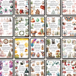 Peut inclure: Un ensemble de 20 jeux d'autocollants num&eacute;riques sur des th&egrave;mes vari&eacute;s, notamment No&euml;l, les f&ecirc;tes, la nature et les motifs culturels. Chaque jeu comprend des illustrations &agrave; l'aquarelle aux couleurs vives et aux d&eacute;tails complexes.