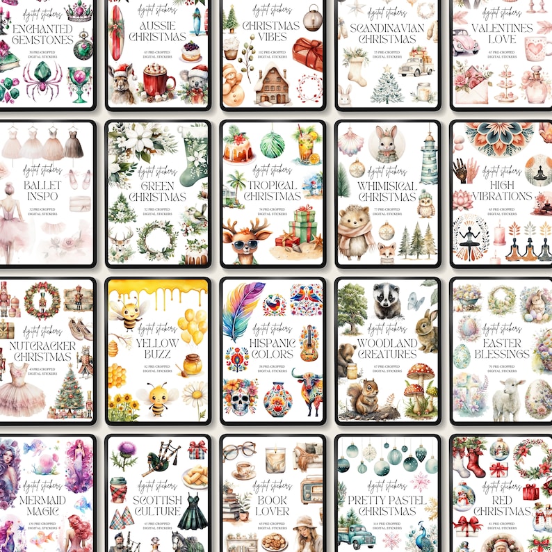 Peut inclure: Un ensemble de 20 jeux d'autocollants num&eacute;riques sur des th&egrave;mes vari&eacute;s, notamment No&euml;l, les f&ecirc;tes, la nature et les motifs culturels. Chaque jeu comprend des illustrations &agrave; l'aquarelle aux couleurs vives et aux d&eacute;tails complexes.