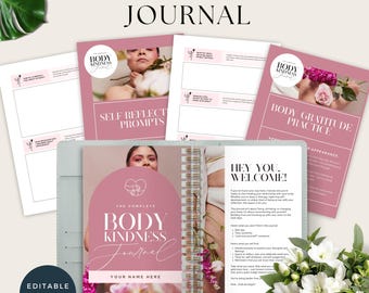 May include: A Body Kindness Journal with a light green cover, open to reveal lined pages and text. The journal includes prompts for self-reflection and gratitude. The cover features the text "Body Kindness Journal" and is surrounded by pink accents and floral elements.