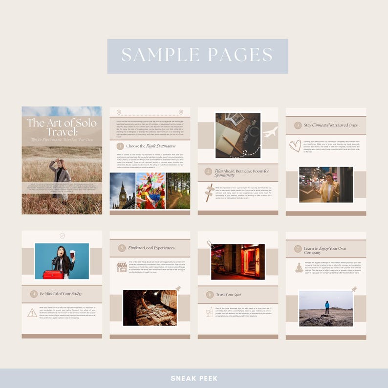 May include: A layout of sample pages from a travel guide, featuring the title "The Art of Solo Travel." The pages showcase travel tips with images of landmarks, travel gear, and solo travelers. The color scheme is neutral with beige and light blue accents.
