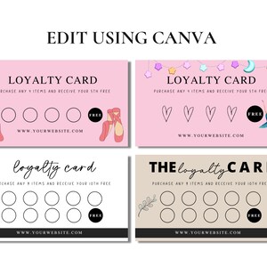 May include: Four loyalty cards with different designs. The first card is pink with a ballerina theme and says "Loyalty Card" with the text "Purchase any 4 items and receive your 5th free". The second card is pink with a heart theme and says "Loyalty Card" with the text "Purchase any 4 items and receive your 5th free". The third card is white with a simple design and says "loyalty card" with the text "Purchase any 9 items and receive your 10th free". The fourth card is beige with a floral design and says "THE loyalty CARD" with the text "Purchase any 9 items and receive your 10th free".