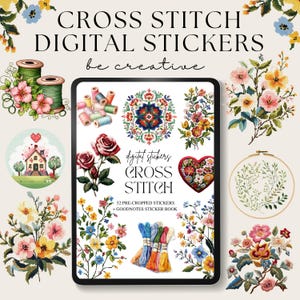 Adesivi digitali per punto croce, decorazioni per cucito Cottagecore, libro di adesivi Goodnotes, adesivi per pianificatore di ricamo, PNG per ricamo a punto croce