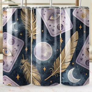 Envoltura digital para vaso de cartas del tarot PNG, diseño de pluma de luna celestial, envoltura de ojo místico, diseño de vaso delgado de 20 oz, regalo espiritual