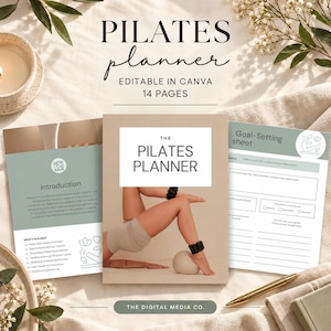 Może przedstawiać: 14-stronicowy cyfrowy planer Pilates, szablon do edycji w Canva. Okładka zawiera tekst The Pilates Planner oraz obraz nóg z obciążnikami na kostki. Zawiera stronę wprowadzającą oraz arkusz wyznaczania celów z tekstem.