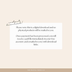 May include: Text on a white background with a brown border. The text reads: "instant download! Please note this is a digital download and no physical products will be mailed to you. Once payment has been processed, you will receive a pdf file immediately in your Etsy account (and emailed to you) with download links. THE DIGITAL MEDIA CO"