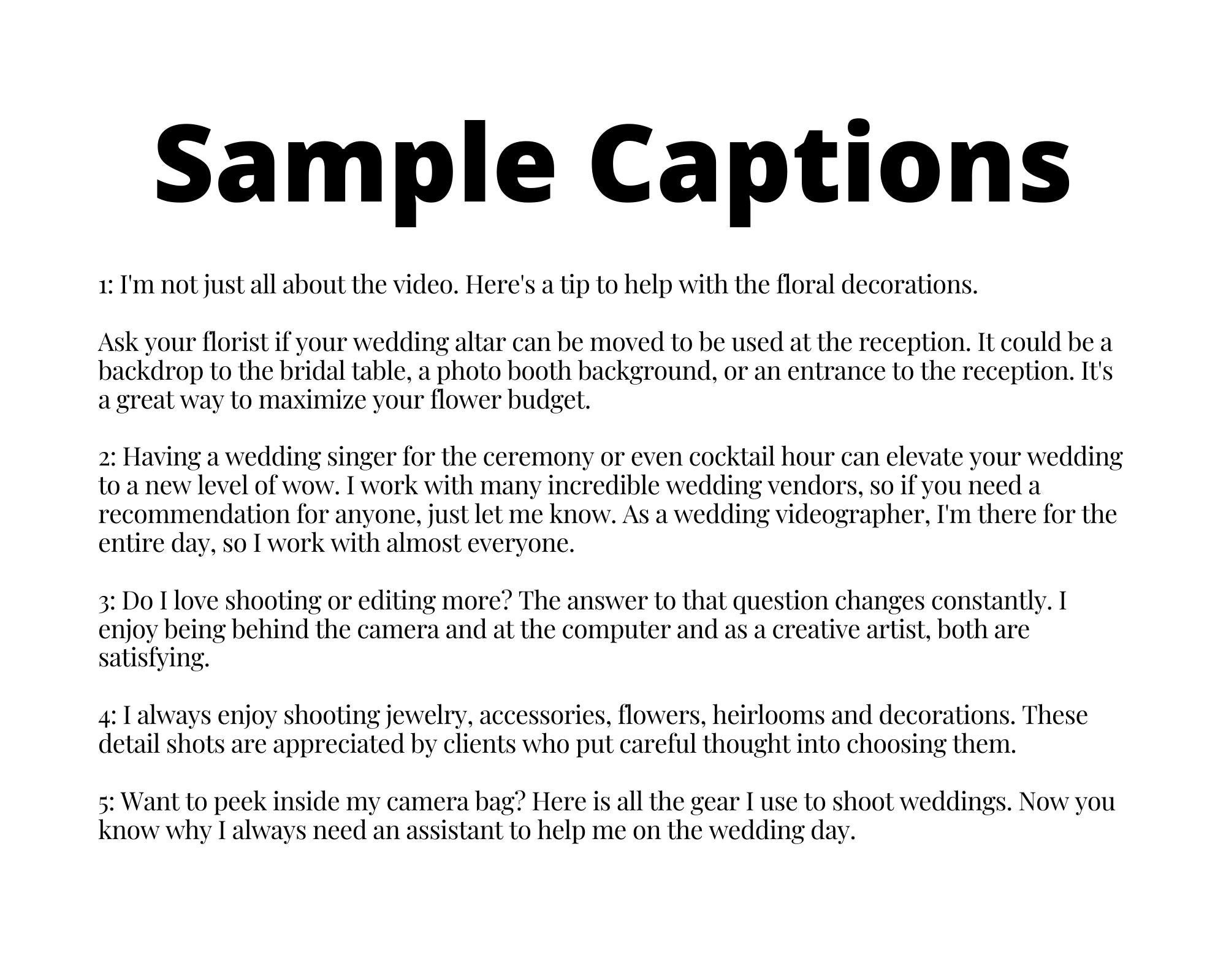 32 Written Social Media Captions for Wedding Videographers, Wedding