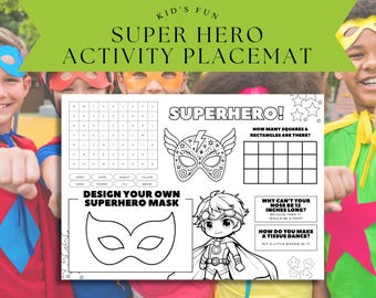Superhelden Aktivität Tischset für Kinder, druckbare Mal- & Spielematte, Superhelden-Arbeitsblatt für Kleinkinder und Vorschulkinder, Comic-Charaktere