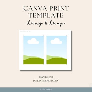 May include: Two printable templates for Canva, each featuring a simple landscape design with a green hill, blue sky, and white cloud. The text "105 x 148 cm" and "Instant Download" are also included.