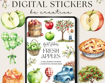 Adesivos digitais Fresh Apple, adesivos de frutas Goodnotes, planejador de notabilidade, PNGs de alimentos saudáveis, adesivos de fazendeiro, enfeites de jardinagem