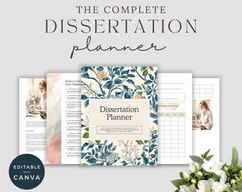 Può includere: Un pianificatore di tesi completo con una copertina dal design floreale, con il testo "Dissertation Planner". Il pianificatore include diverse pagine con testo e grafici. Le parole "The Complete Dissertation Planner" sono in alto.