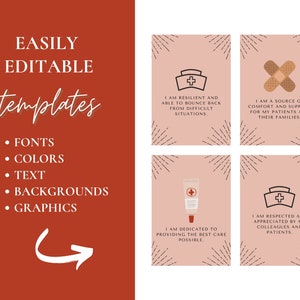 May include: Four pink and white cards with black outlines and text. Each card features a different illustration related to nursing: a nurse's cap, a bandage, a tube of ointment, and a nurse's cap with a cross. The text on each card describes the role of a nurse. The text on the first card reads "I am resilient and able to bounce back from difficult situations." The text on the second card reads "I am a source of comfort and support for my patients and their families." The text on the third card reads "I am dedicated to providing the best care possible." The text on the fourth card reads "I am respected and appreciated by my colleagues and patients."