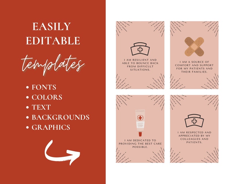 May include: Four pink and white cards with black outlines and text. Each card features a different illustration related to nursing: a nurse's cap, a bandage, a tube of ointment, and a nurse's cap with a cross. The text on each card describes the role of a nurse. The text on the first card reads "I am resilient and able to bounce back from difficult situations." The text on the second card reads "I am a source of comfort and support for my patients and their families." The text on the third card reads "I am dedicated to providing the best care possible." The text on the fourth card reads "I am respected and appreciated by my colleagues and patients."