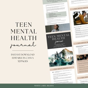 以下が含まれることがあります： ティールグリーンと白のデジタルジャーナルカバーで、黒色のテキスト「TEEN MENTAL HEALTH journal」が書かれています。このジャーナルは、自己発見、自尊心、自信のために作られています。カバーには、「INSTANT DOWNLOAD EDITABLE IN CANVA 52 PAGES」というテキストも含まれています。