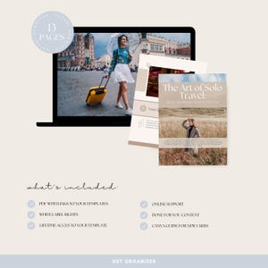 May include: A laptop screen displays a travel photo next to a brochure titled "The Art of Solo Travel." The image includes a woman with a yellow suitcase. Text on the brochure includes "PDF with links to your templates" and "Canva guide for new users."