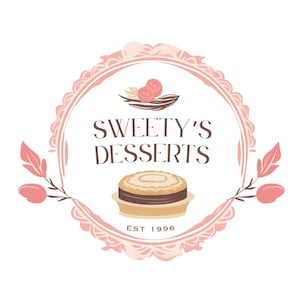 May include: A logo for Sweety's Desserts, featuring a pink, scalloped circular frame. The text "Sweety's Desserts" is above an illustration of a layered dessert. The logo also includes the text "EST 1996".