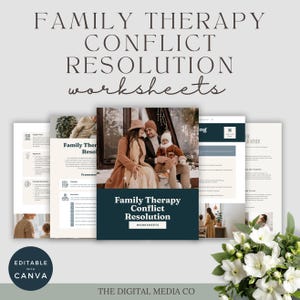 May include: A collection of family therapy conflict resolution worksheets. The image features a central dark teal document with the text "Family Therapy Conflict Resolution Worksheets". Other documents are visible, along with a family photo.