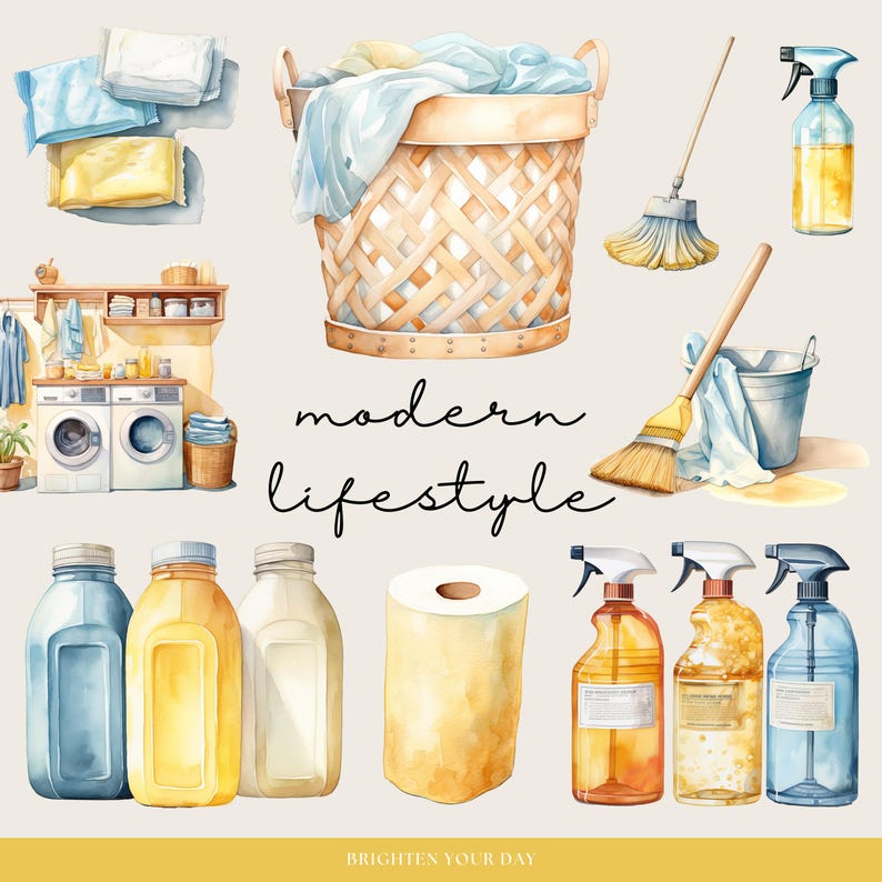 May include: A watercolor illustration of a modern lifestyle with a laundry basket full of clothes, cleaning supplies, a broom, a toilet paper roll, and bottles of cleaning products. The text "modern lifestyle" is written in a decorative font.