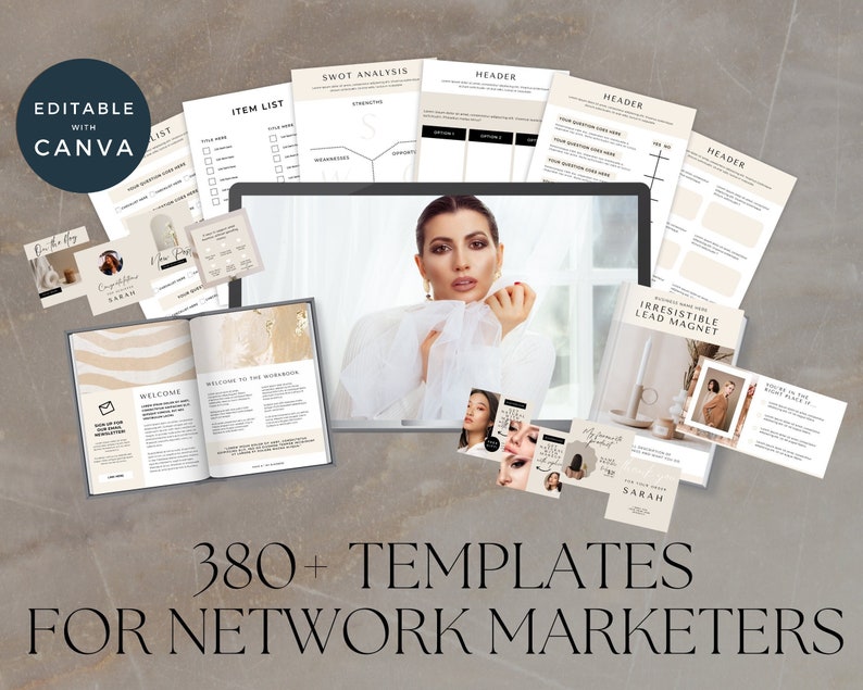 K&ouml;nnte beinhalten: Eine Sammlung von &uuml;ber 380 digitalen Vorlagen f&uuml;r Network-Marketer, mit einer Vielzahl von Designs, darunter ein Willkommens-Booklet, ein Lead-Magnet und Social-Media-Grafiken. Die Vorlagen sind in Canva bearbeitbar und verf&uuml;gen &uuml;ber eine neutrale Farbpalette mit modernem Design.