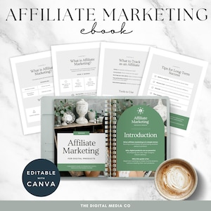 May include: An open book titled "Affiliate Marketing" with several pages displayed. The cover and pages feature text and graphics. A cup of coffee sits to the right. The words "Editable with Canva" are also visible.