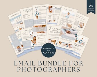 May include: A set of 10 editable email templates for photographers, designed in a light blue and white color scheme with a torn paper effect. The templates include text such as "Session Reminder", "Welcome", "Thank You", "Photo Hacks", "What to Wear", and "Your Gallery is Ready!" The templates are designed to be used with Canva.