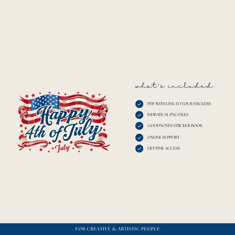 Puede incluir: Un libro de pegatinas digital con un dise&ntilde;o de bandera estadounidense roja, blanca y azul. El texto "Happy 4th of July" est&aacute; escrito en azul y blanco. El libro de pegatinas incluye un PDF con un enlace a las pegatinas, archivos PNG individuales, un libro de pegatinas Goodnotes, soporte en l&iacute;nea y acceso de por vida.