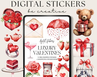 May include: A digital sticker pack with 51 pre-cropped Valentine's Day themed stickers. The stickers feature a variety of designs, including hearts, roses, a teddy bear, a ring, a strawberry, a teacup, a birdcage, and an umbrella. The stickers are designed for use in Goodnotes.