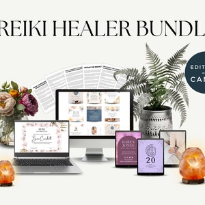 May include: Reiki Healer Bundle with editable Canva templates. The bundle includes a certificate template, business card template, social media post template, and a printable guide. The bundle also includes a Himalayan salt lamp, a potted fern, and a laptop with a Reiki certificate displayed on the screen.