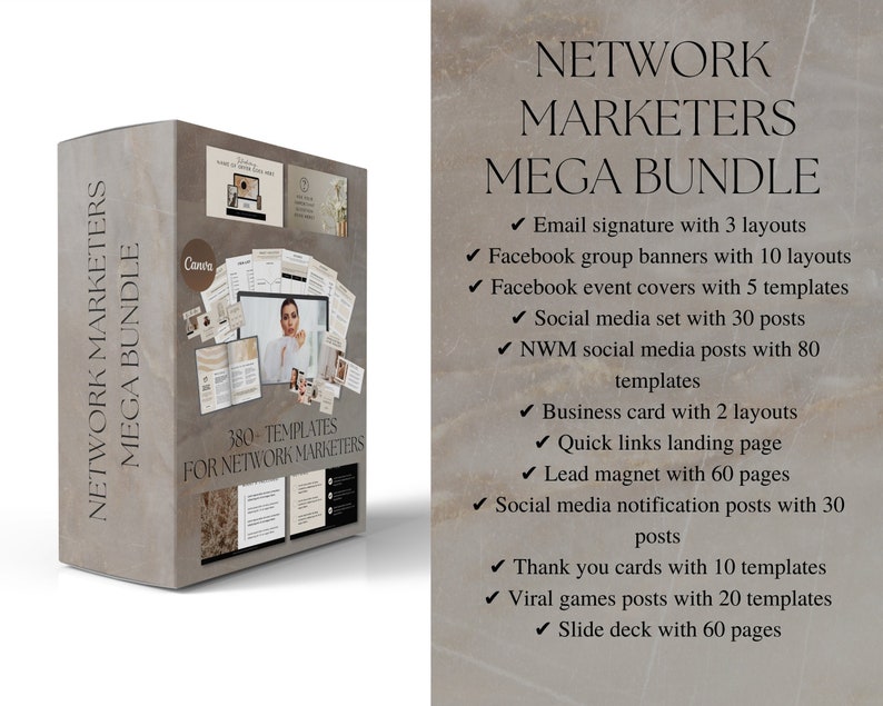 K&ouml;nnte beinhalten: Ein digitales Produktpaket f&uuml;r Netzwerk-Vermarkter mit 380 Vorlagen f&uuml;r soziale Medien, E-Mails und mehr. Das Paket enth&auml;lt Vorlagen f&uuml;r E-Mail-Signaturen, Facebook-Gruppenbanner, Facebook-Event-Cover, Social-Media-Posts, Visitenkarten, Landingpages f&uuml;r schnelle Links, Lead-Magnete, Social-Media-Benachrichtigungs-Posts, Dankeskarten, virale Spiel-Posts und Folienpr&auml;sentationen.