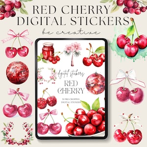 Puede incluir: Un conjunto de pegatinas digitales con 50 imágenes precortadas de cerezas rojas, bolas de discoteca y flores de cerezo. El texto "pegatinas digitales" y "CEREZA ROJA" se muestra en la imagen.