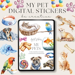 May include: A digital sticker book with 70 pre-cropped stickers featuring various pets, including a cat, dog, fish, turtle, bird, and lizard. The stickers are designed for use in the Goodnotes app.