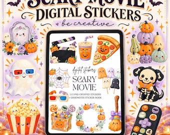 Cute Halloween Movie Night Stickers, Digital Planner PNGs, Spooky Cinema Clipart, Ghost Pumpkin Snacks, Fall Scrapbooking Collection