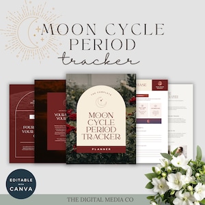 Könnte beinhalten: Eine Sammlung digitaler Planer mit einem Mondzyklus-Thema. Der Hauptplaner zeigt "Moon Cycle Period Tracker" in einer Serifenschrift, mit einer Halbmond- und Sternengrafik. Die Farbpalette umfasst Burgunder, Creme und Gold.