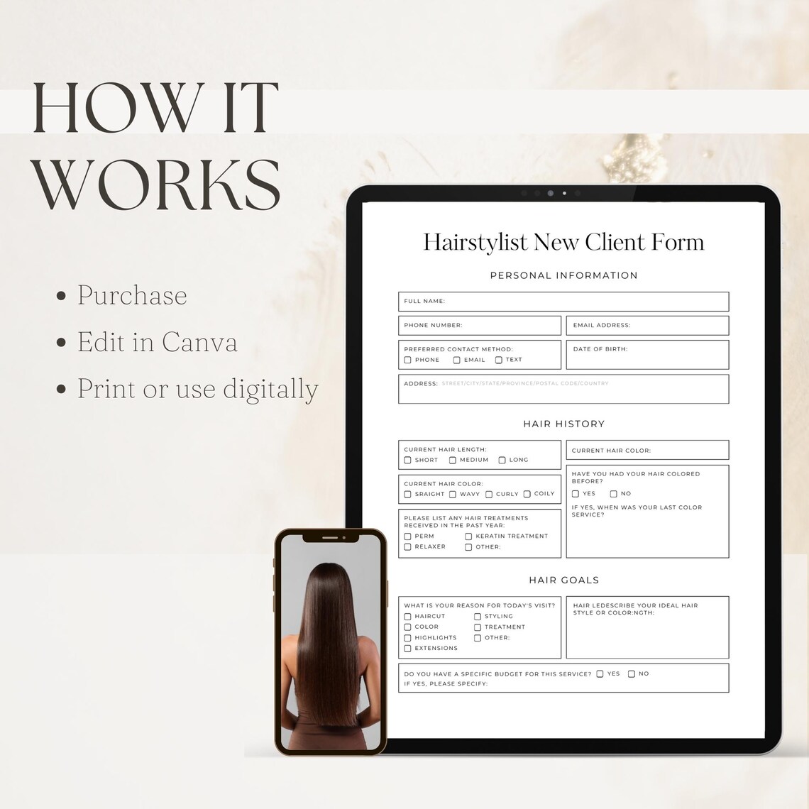 Hairdressing Client Intake Form, Editable Hairstylist Consultation ...