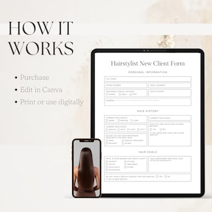 May include: A printable hairstylist new client form with sections for personal information, hair history, and hair goals. The form includes fields for full name, phone number, email address, date of birth, address, current hair length, current hair color, and more.