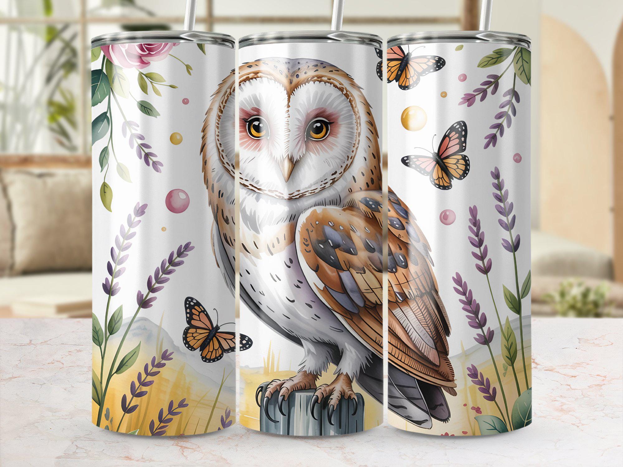 Floral Owl Digital Tumbler Wrap, Butterfly PNG, Bird Design, Watercolor Flowers, Printable Tumbler D