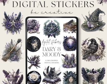 Adesivi per pianificatore digitale scuro e lunatico, adesivi celesti Goodnotes, adesivi per pianificatore Png Witchy Woo, adesivo fantasy, decorazioni mistiche