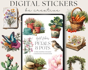 Petals and Pots Stickers, Goodnotes Garden Sticker Book, Floral PNG Files, Vintage Botanical Planner Stickers, Cottagecore Decor