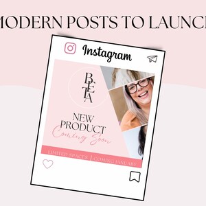 May include: Instagram post announcing a new product launch with the text "NEW PRODUCT Coming Soon" and "LIMITED SPACES | COMING JANUARY". The post features a collage of images, including a woman smiling and a logo with the letters "BETA".