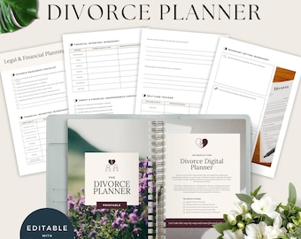 May include: A printable divorce planner with a gray cover and a floral design. The planner includes worksheets for financial inventory, credit and financial independence, self-care, and boundary setting. The cover features the text "The Divorce Planner" and a broken heart icon.