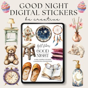 May include: Digital stickers with a good night theme. The image features a tablet surrounded by watercolour illustrations of a clock, teddy bear, slippers, a cat, and other cosy items. Text on the tablet reads "GOOD NIGHT DIGITAL STICKERS".