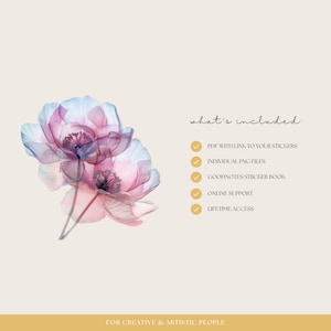 May include: A digital illustration of two pink and blue flowers with a checklist of what's included in the product: PDF with link to stickers, individual PNG files, Goodnotes sticker book, online support, and lifetime access. The text "For creative & artistic people" is at the bottom of the image.