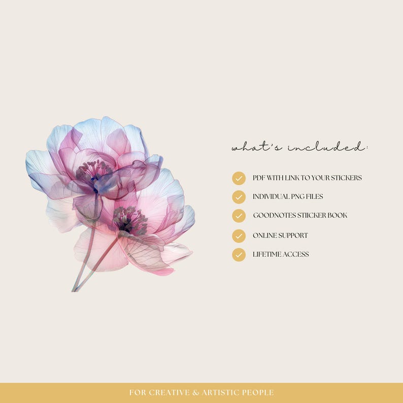 May include: A digital illustration of two pink and blue flowers with a checklist of what's included in the product: PDF with link to stickers, individual PNG files, Goodnotes sticker book, online support, and lifetime access. The text "For creative & artistic people" is at the bottom of the image.
