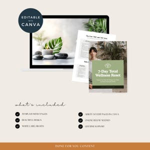 Puede incluir: Una plantilla digital de bienestar con el texto "7-Day Total Wellness Reset" y "Editable with Canva". La imagen incluye una computadora port&aacute;til que muestra una escena de spa, junto con p&aacute;ginas impresas. La plantilla incluye 7 p&aacute;ginas, un dise&ntilde;o hermoso y derechos de marca blanca.