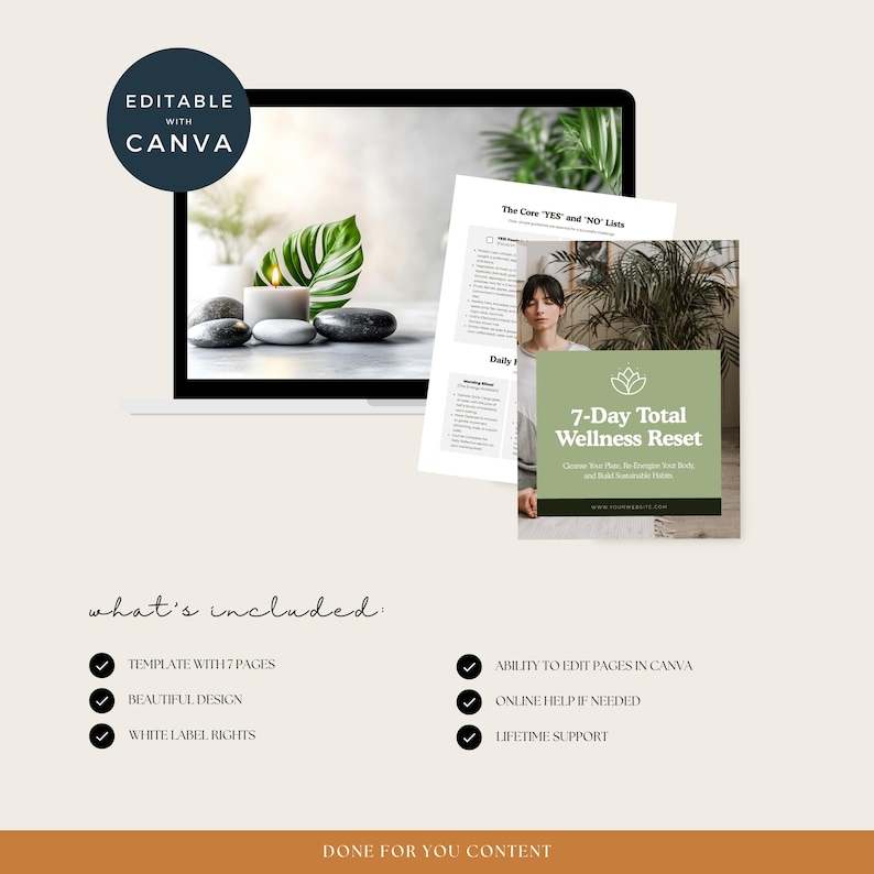 Puede incluir: Una plantilla digital de bienestar con el texto "7-Day Total Wellness Reset" y "Editable with Canva". La imagen incluye una computadora port&aacute;til que muestra una escena de spa, junto con p&aacute;ginas impresas. La plantilla incluye 7 p&aacute;ginas, un dise&ntilde;o hermoso y derechos de marca blanca.